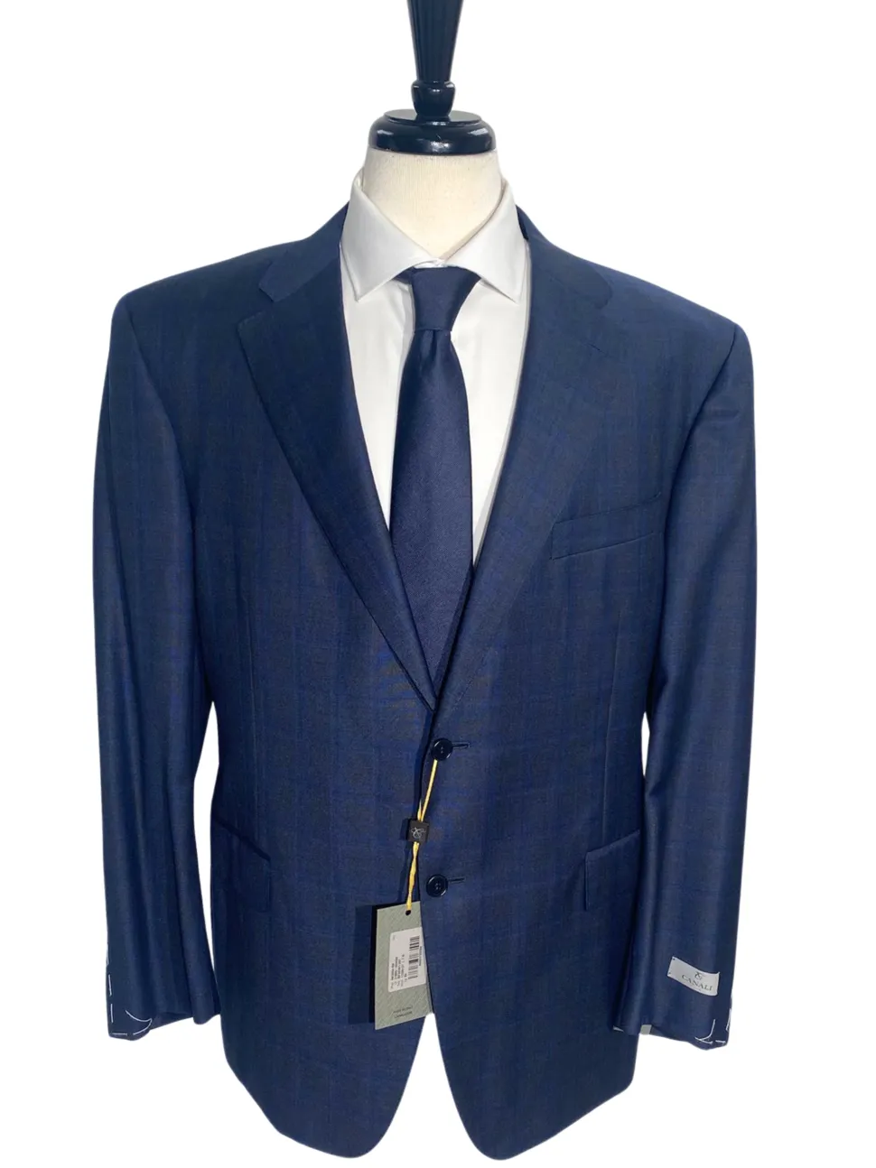 Canali Navy Blue Plaid Notch Lapel Classic Fit 100% Wool 2 Button Suit 48L