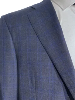 Canali Navy Blue Plaid Notch Lapel Classic Fit 100% Wool 2 Button Suit 48L