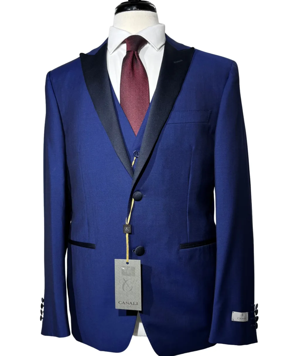 Canali Royal Blue Tuxedo Slim Fit Satin Peak Lapel 3-Piece Suit - 44R