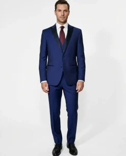 Canali Royal Blue Tuxedo Slim Fit Satin Peak Lapel 3-Piece Suit - 44R