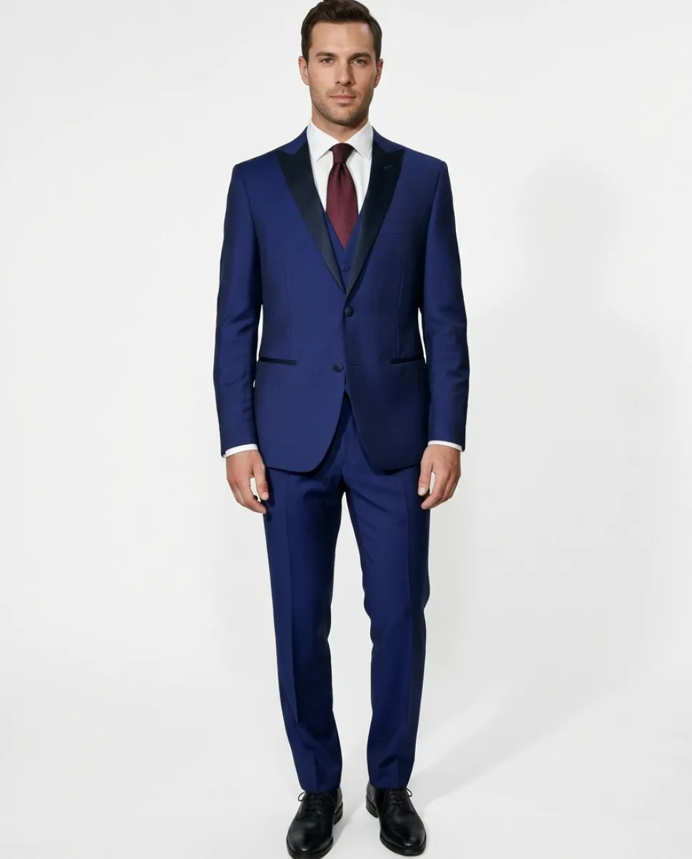 Canali Royal Blue Tuxedo Slim Fit Satin Peak Lapel 3-Piece Suit - 44R
