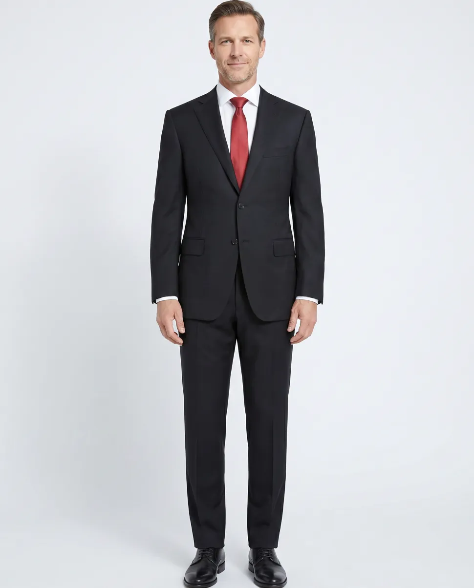 Canali Solid Black 100% Wool 2 Button Suit 46L