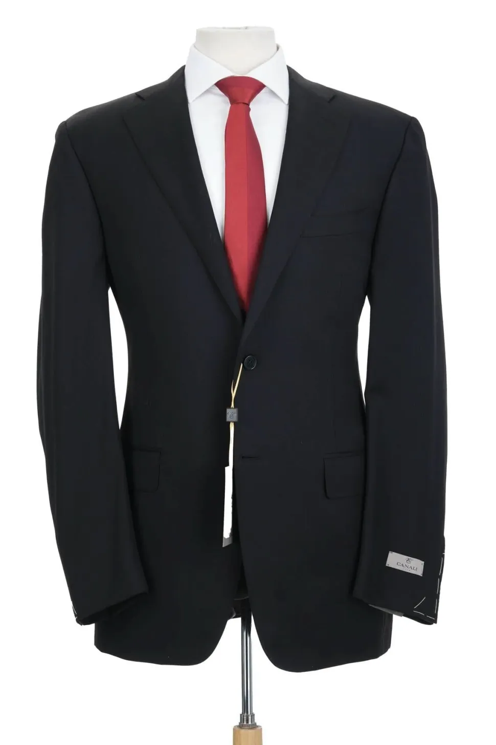 Canali Solid Black 100% Wool 2 Button Suit 46L