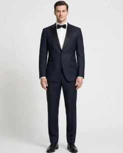 Canali Solid Dark Navy With Black Satin Peak Lapel Slim Fit 2-Button Tuxedo 46R