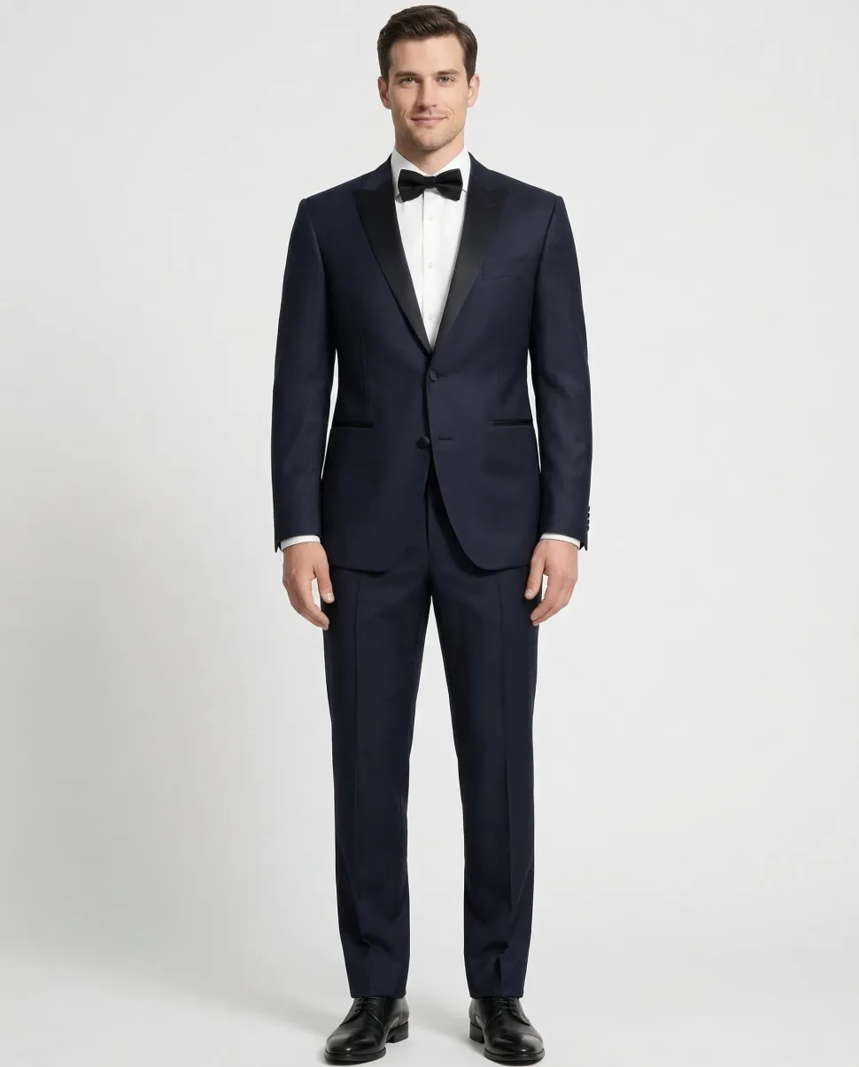 Canali Solid Dark Navy With Black Satin Peak Lapel Slim Fit 2-Button Tuxedo 46R