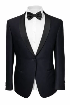 Canali Solid Midnight Blue With Black Satin Shawl Lapel Slim Fit 1-Button Wool Tuxedo 46R