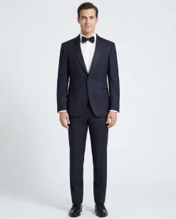 Canali Solid Midnight Blue With Black Satin Shawl Lapel Slim Fit 1-Button Wool Tuxedo 46R