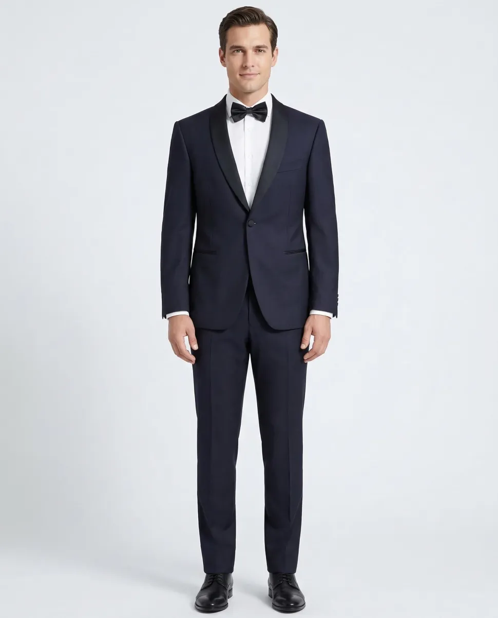 Canali Solid Midnight Blue With Black Satin Shawl Lapel Slim Fit 1-Button Wool Tuxedo 46R