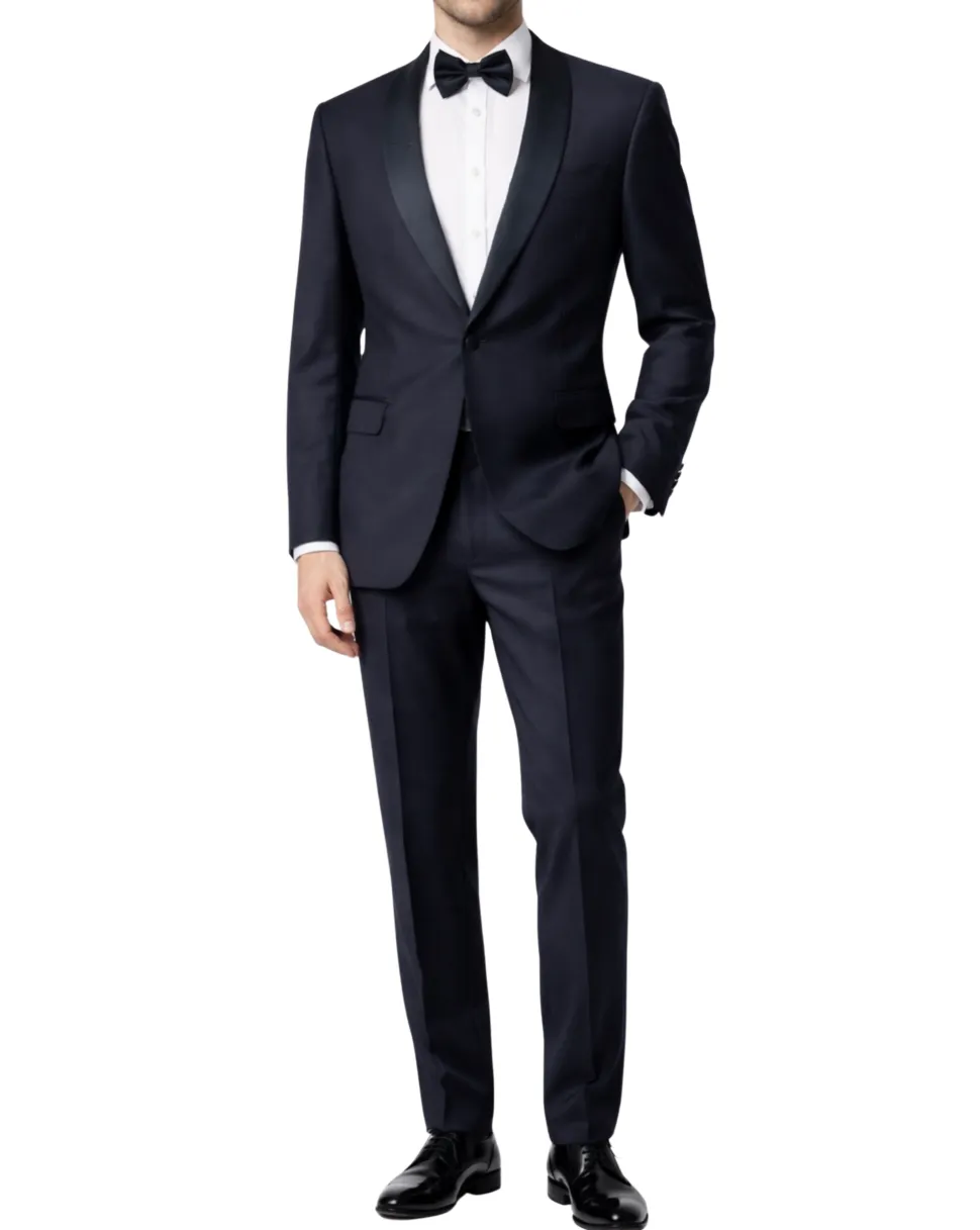 Canali Solid Midnight Blue With Black Satin Shawl Lapel Slim Fit 1-Button Wool Tuxedo 46R