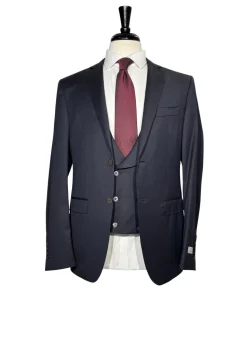 Canali Solid Navy Slim Fit Notch Lapel Canvassed Wool 3-Piece Suit 38R
