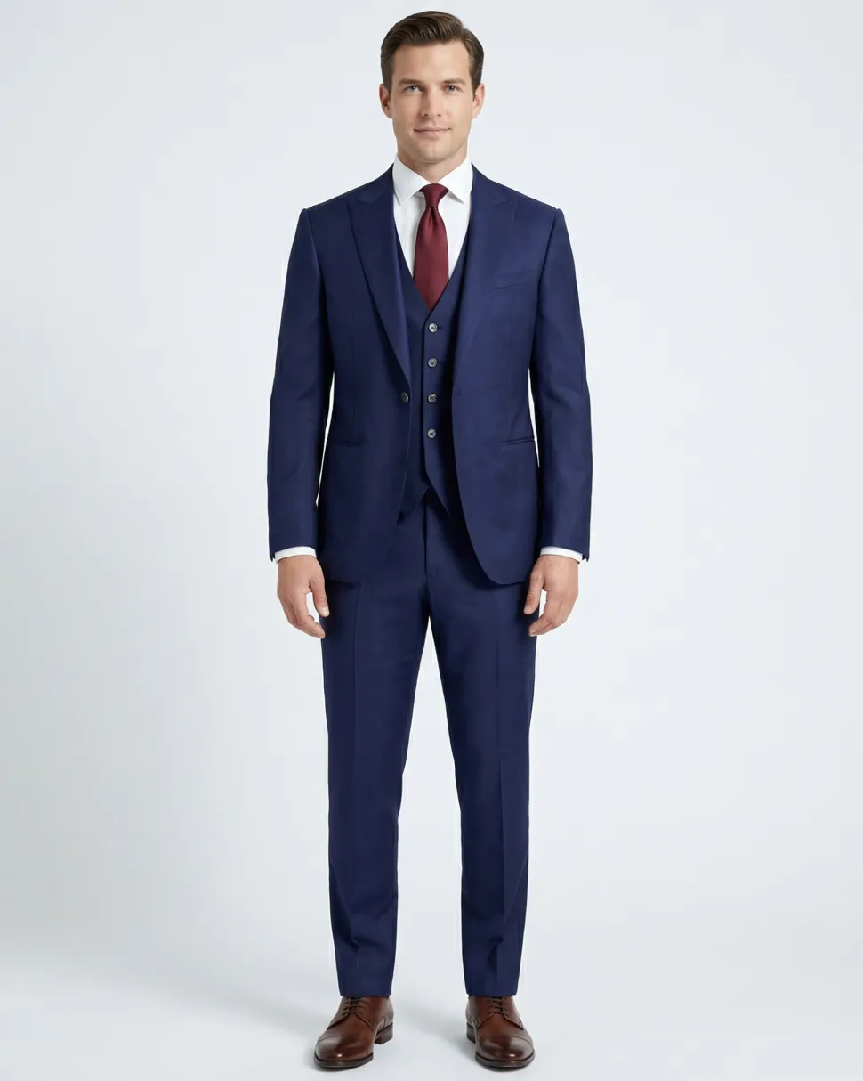 Canali Solid Navy Slim Fit Shawl Lapel Wool 3-Piece Suit 38R