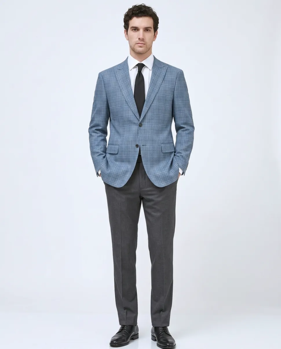 Canuti By Steven Land Light Blue Plaid Modern Fit 2 Button Blazer Sportcoat
