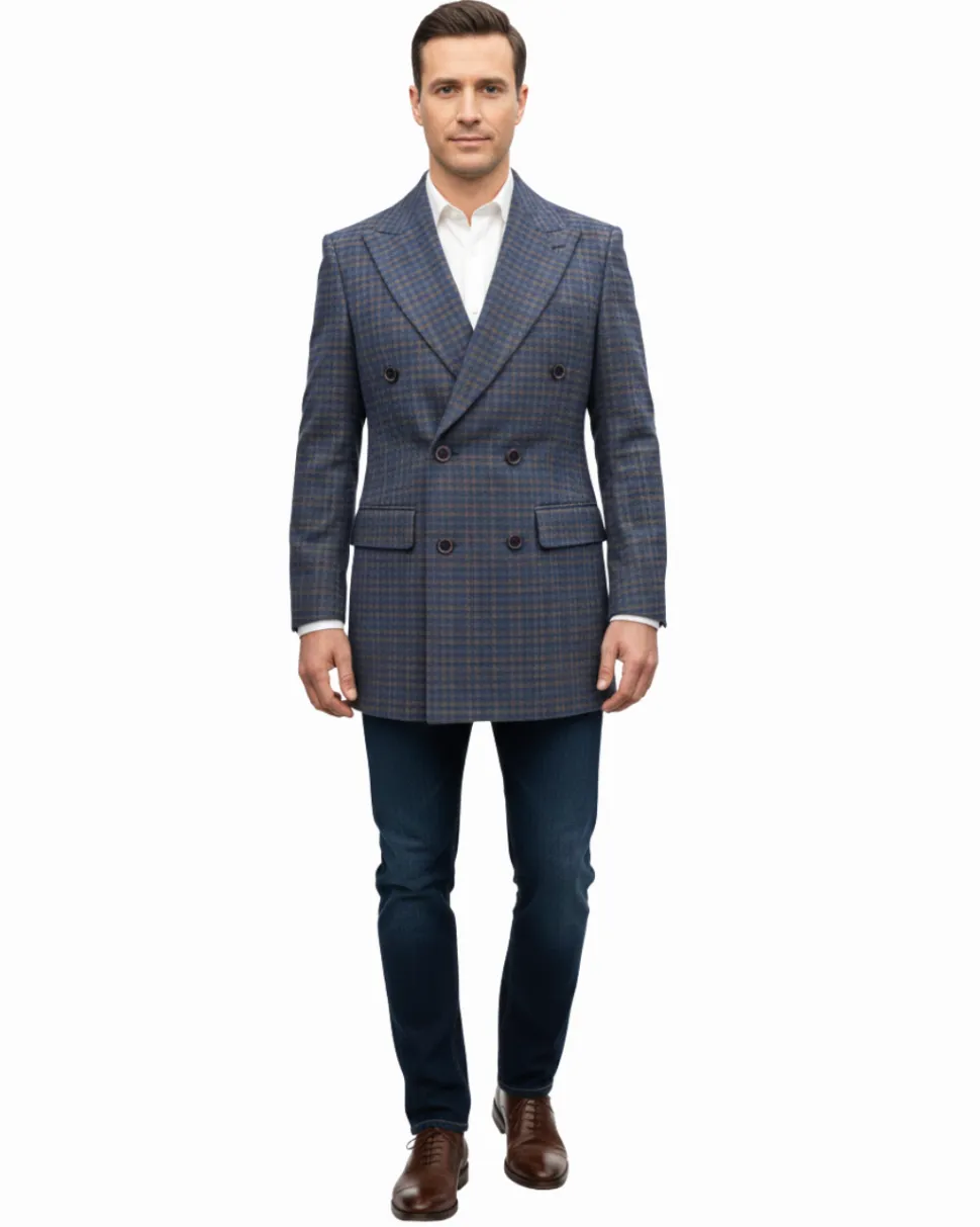 Canuti By Steven Land Mens Blue Check Double Breasted 100% Wool Overcoat