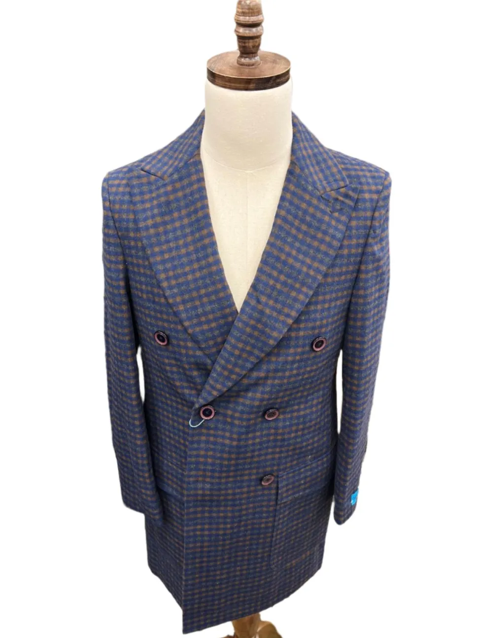 Canuti By Steven Land Mens Blue Check Double Breasted 100% Wool Overcoat