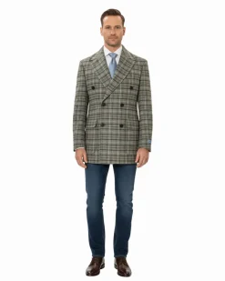 Canuti By Steven Land Mens Green Plaid 100% Wool Double Breasted Overcoat