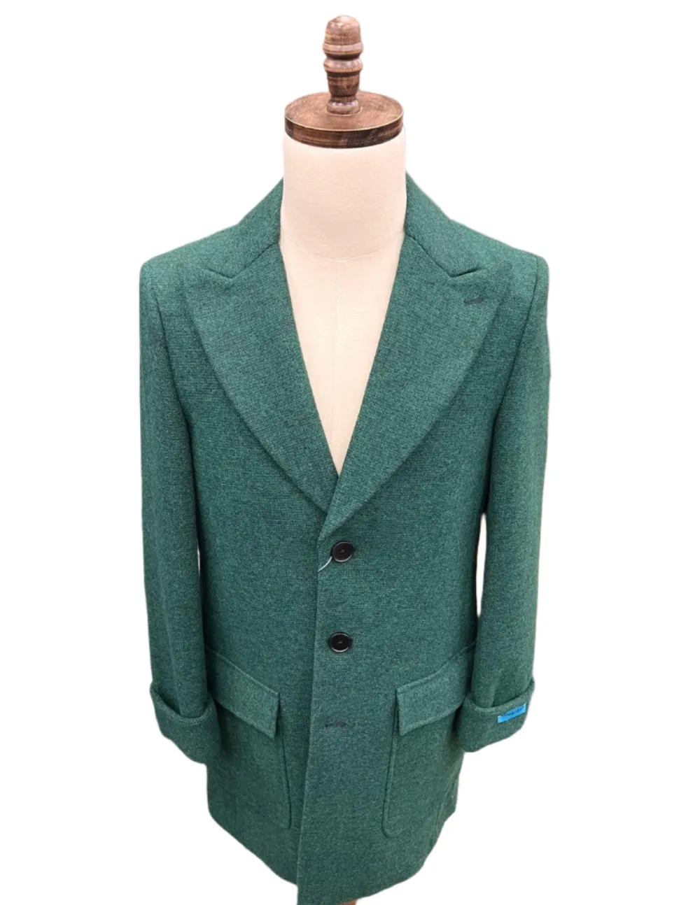 Canuti By Steven Land Mens Green 100% Wool 3/4 Length Overcoat With Peak Lapels