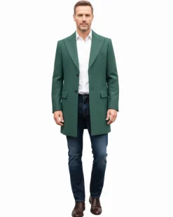Canuti By Steven Land Mens Green 100% Wool 3/4 Length Overcoat With Peak Lapels