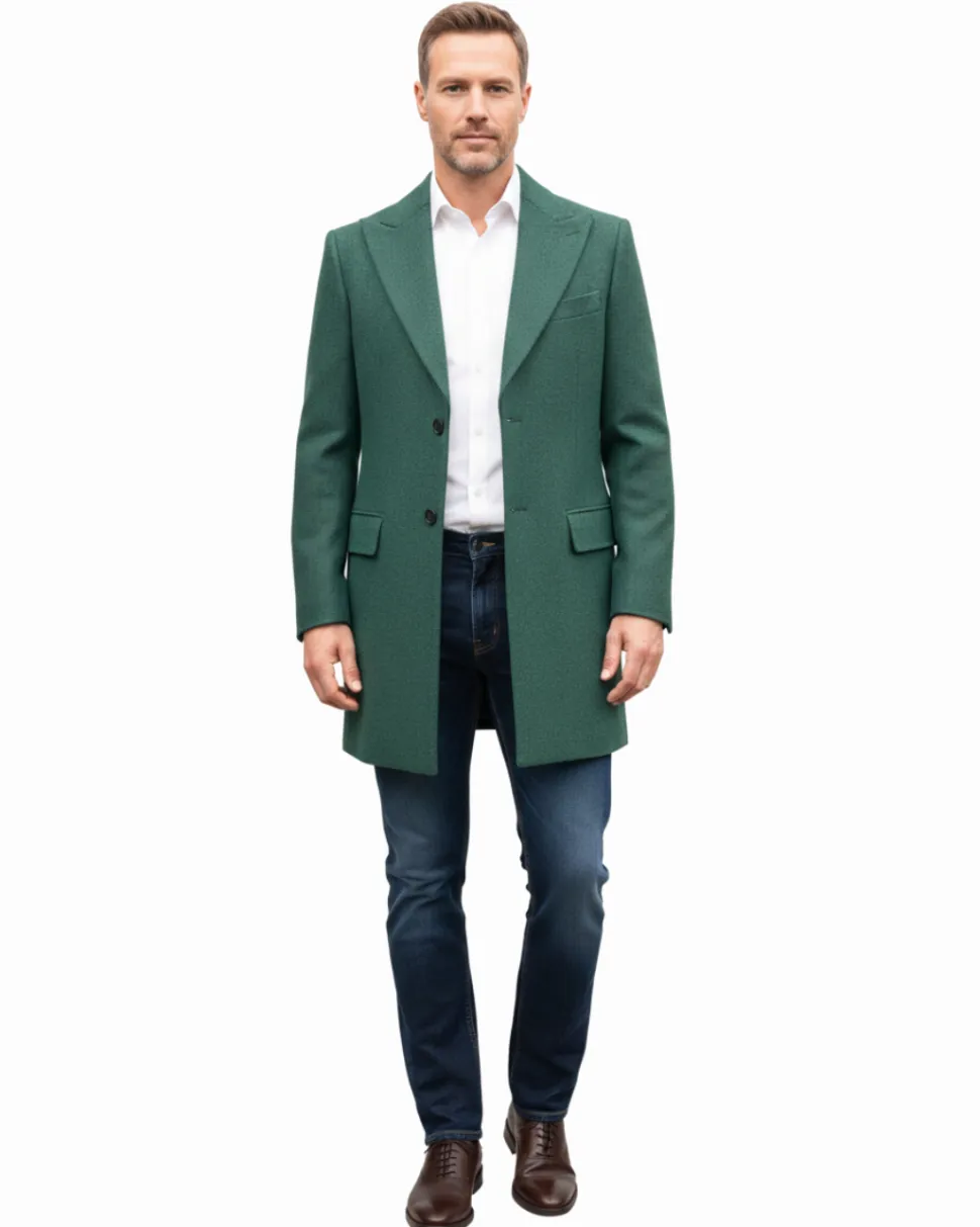 Canuti By Steven Land Mens Green 100% Wool 3/4 Length Overcoat With Peak Lapels