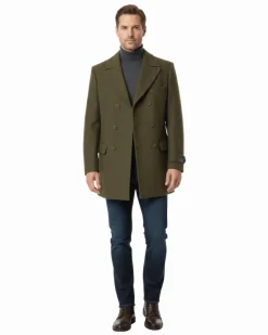 Canuti By Steven Land Mens Solid Olive Green Double Breasted 100% Wool Overcoat