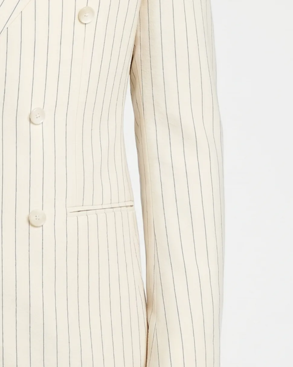 Canuti Cream & Blue Stripe Modern Fit Peak Lapel Stretch Double Breasted Seersucker Suit