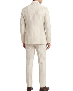 Canuti Cream & Blue Stripe Modern Fit Peak Lapel Stretch Double Breasted Seersucker Suit