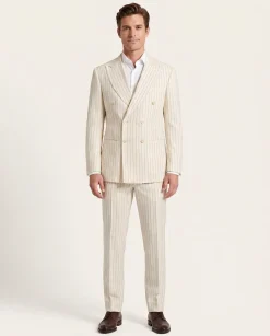 Canuti Cream & Blue Stripe Modern Fit Peak Lapel Stretch Double Breasted Seersucker Suit