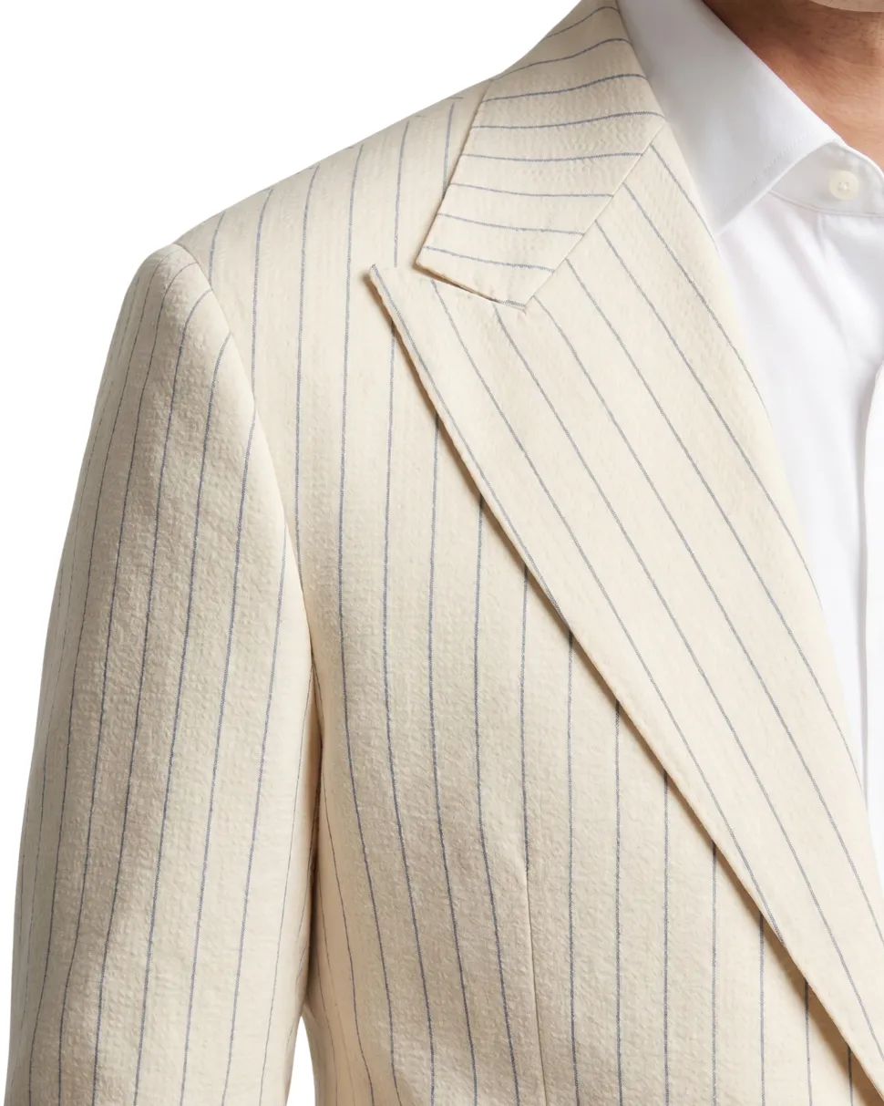 Canuti Cream & Blue Stripe Modern Fit Peak Lapel Stretch Double Breasted Seersucker Suit
