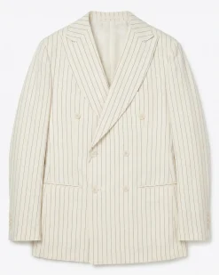 Canuti Cream & Blue Stripe Modern Fit Peak Lapel Stretch Double Breasted Seersucker Suit