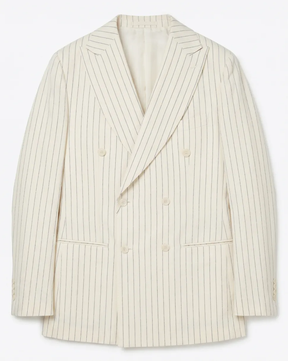 Canuti Cream & Blue Stripe Modern Fit Peak Lapel Stretch Double Breasted Seersucker Suit