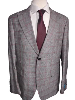 Canuti Men’s Grey Glen Plaid Red Windowpane Wool Suit with Peak Lapels