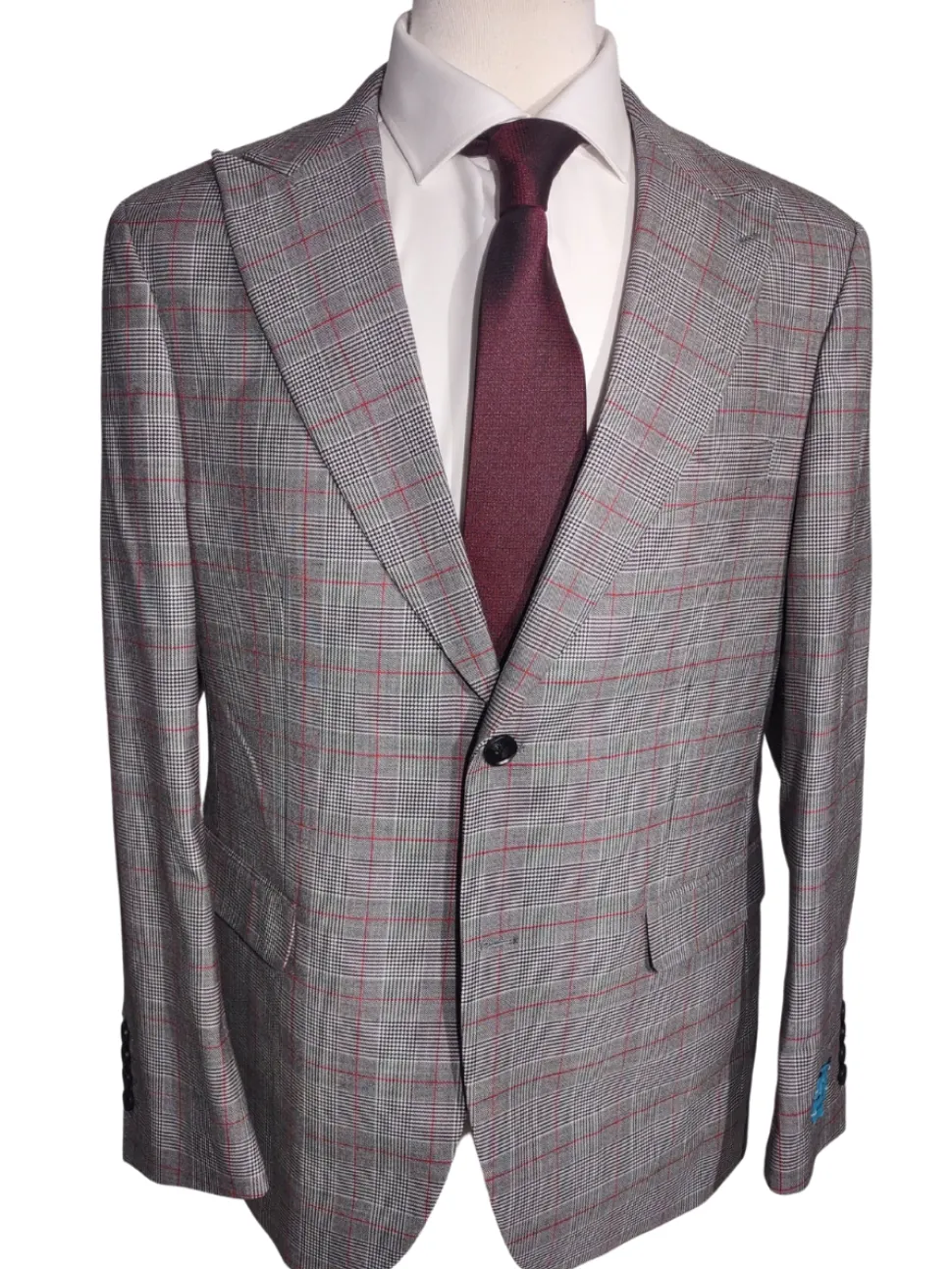Canuti Men’s Grey Glen Plaid Red Windowpane Wool Suit with Peak Lapels