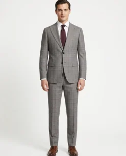 Canuti Men’s Grey Glen Plaid Red Windowpane Wool Suit with Peak Lapels