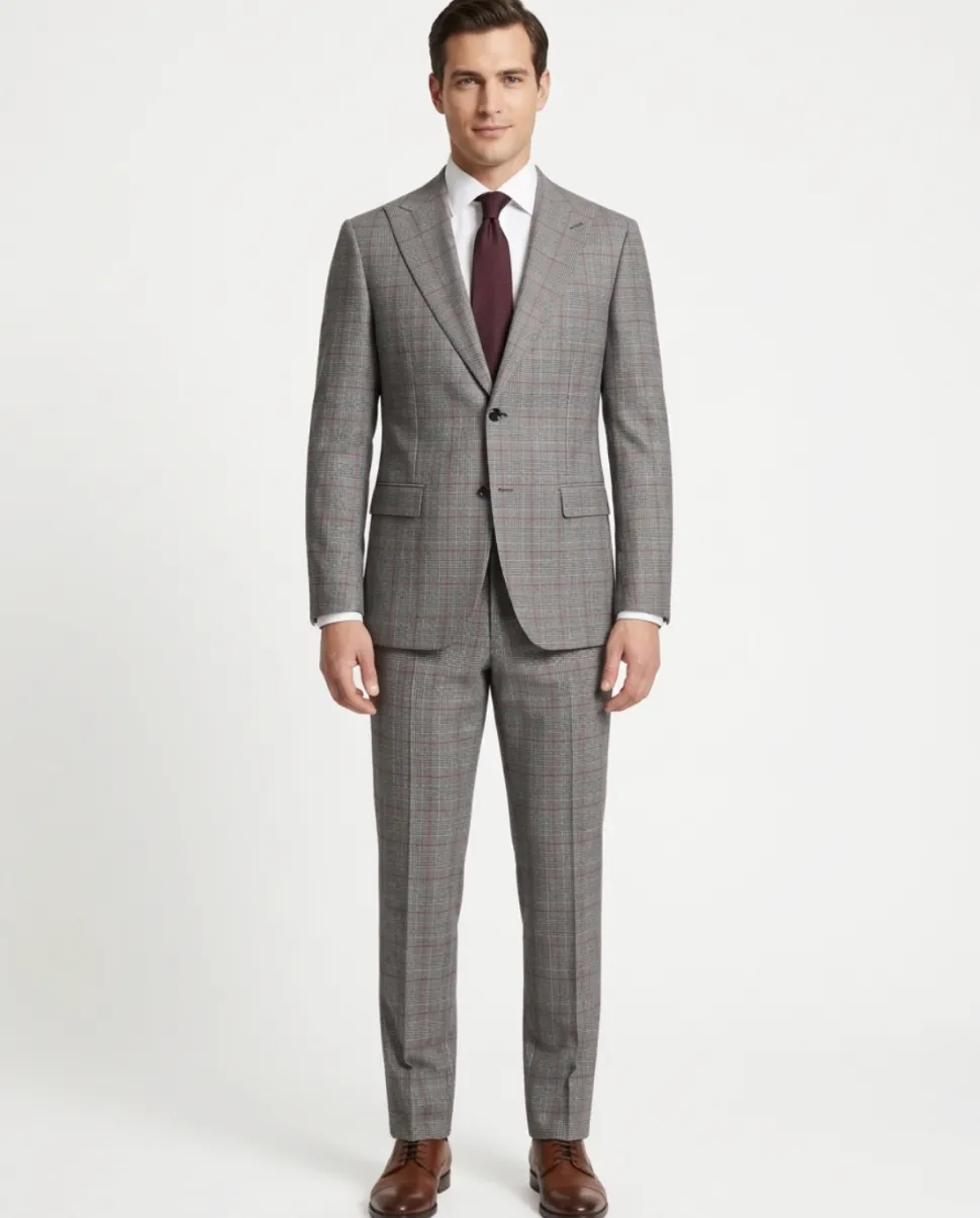 Canuti Men’s Grey Glen Plaid Red Windowpane Wool Suit with Peak Lapels