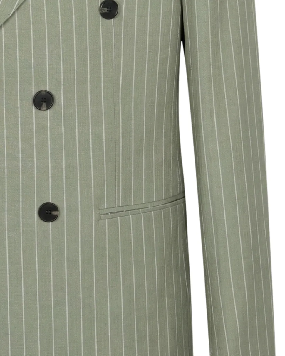 Canuti Sage Green & White Stripe Modern Fit Peak Lapel Stretch Double Breasted Seersucker Suit