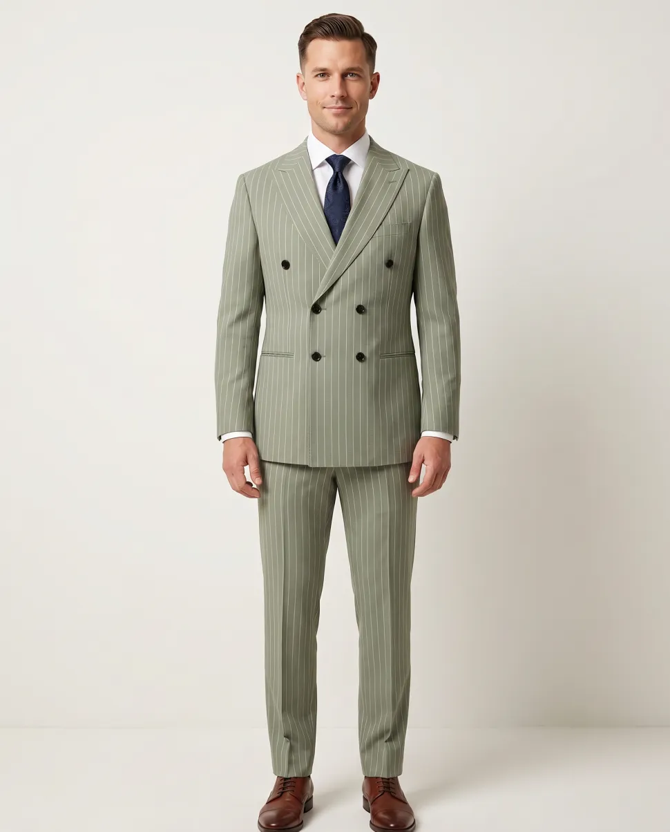 Canuti Sage Green & White Stripe Modern Fit Peak Lapel Stretch Double Breasted Seersucker Suit