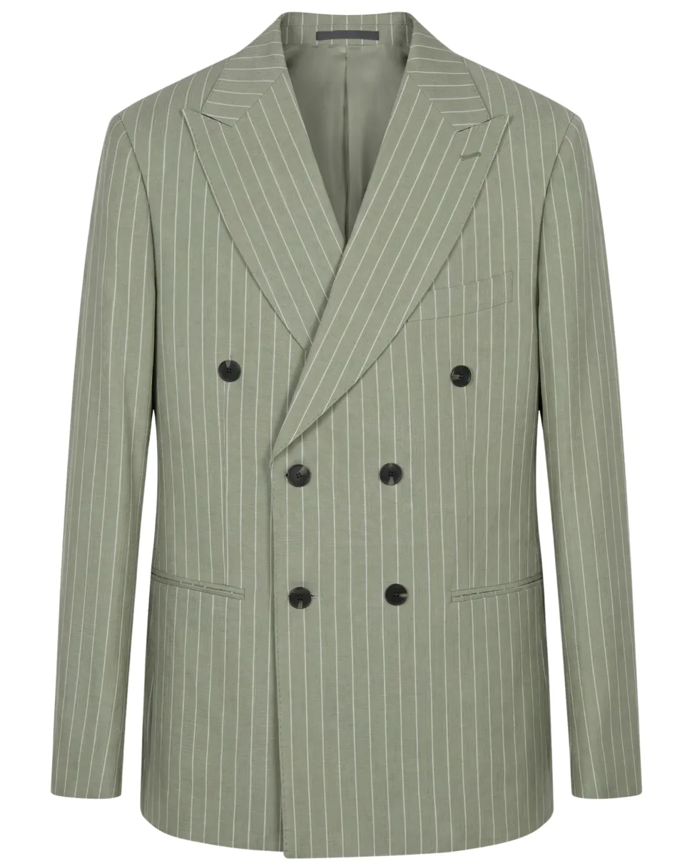 Canuti Sage Green & White Stripe Modern Fit Peak Lapel Stretch Double Breasted Seersucker Suit