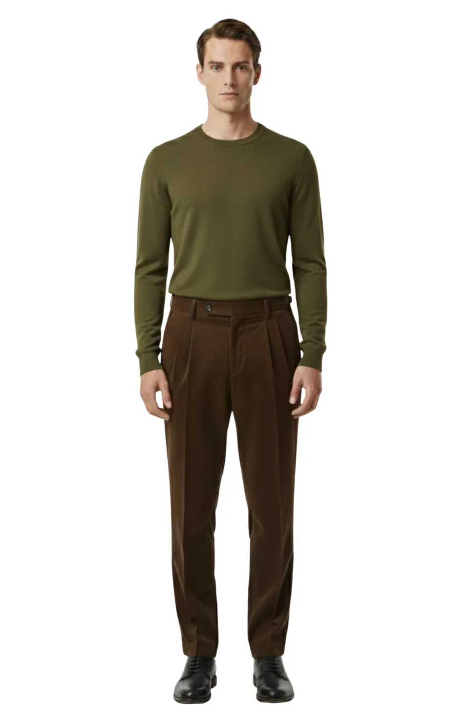 Canuti Solid Brown Corduroy Pleated Front Adjustable-Tab Stretch Pants