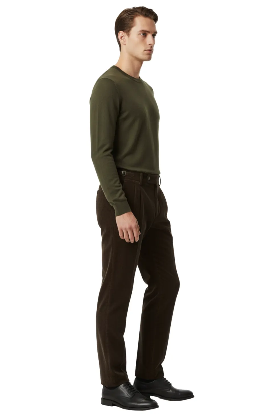 Canuti Solid Brown Corduroy Pleated Front Adjustable-Tab Stretch Pants