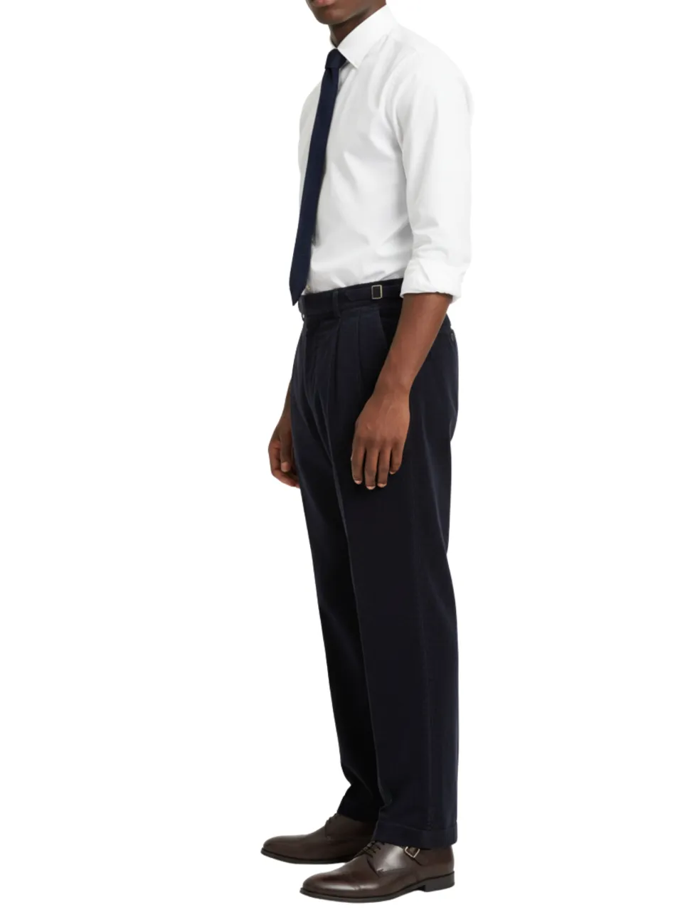 Canuti Solid Dark Navy Corduroy Pleated Front Adjustable-Tab Stretch