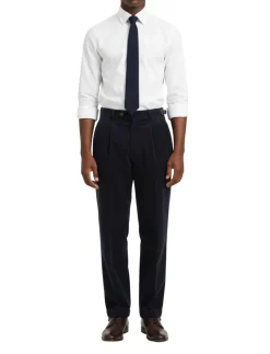 Canuti Solid Dark Navy Corduroy Pleated Front Adjustable-Tab Stretch