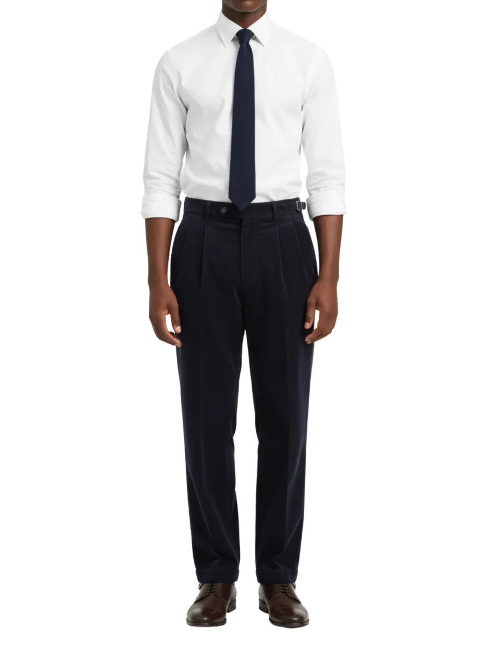 Canuti Solid Dark Navy Corduroy Pleated Front Adjustable-Tab Stretch