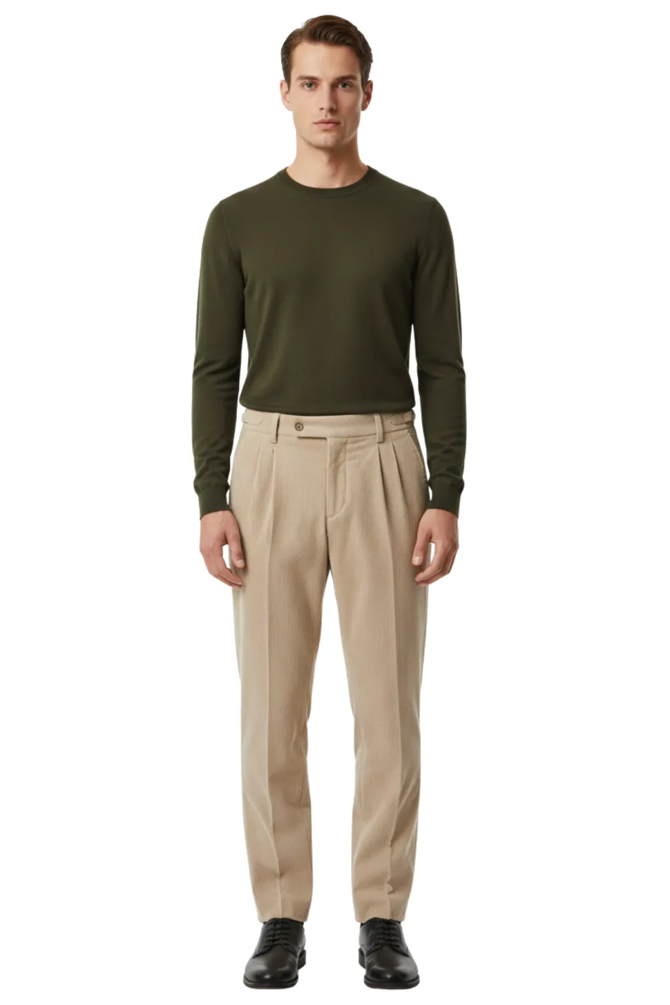 Canuti Solid Tan Corduroy Pleated Front Adjustable-Tab Stretch Pants