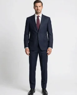 Cardeliano Mens Dark Blue Pinstripe Classic Fit Notch Lapels 2 Button Wool Suit