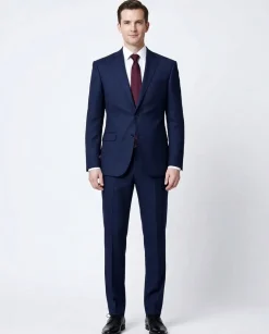 Cardeliano Mens Navy Blue Birdseye Half-Canvassed Slim Fit Notch Lapels 2 Button Wool Suit