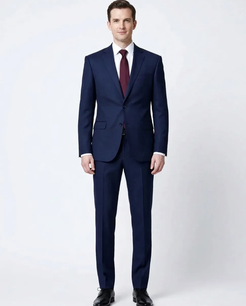 Cardeliano Mens Navy Blue Birdseye Half-Canvassed Slim Fit Notch Lapels 2 Button Wool Suit