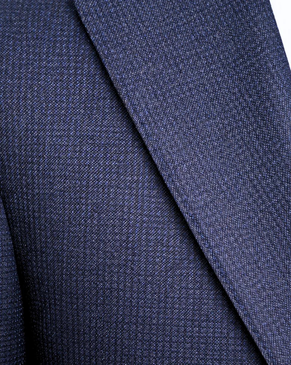 Cardeliano Mens Navy Blue Birdseye Half-Canvassed Slim Fit Notch Lapels 2 Button Wool Suit