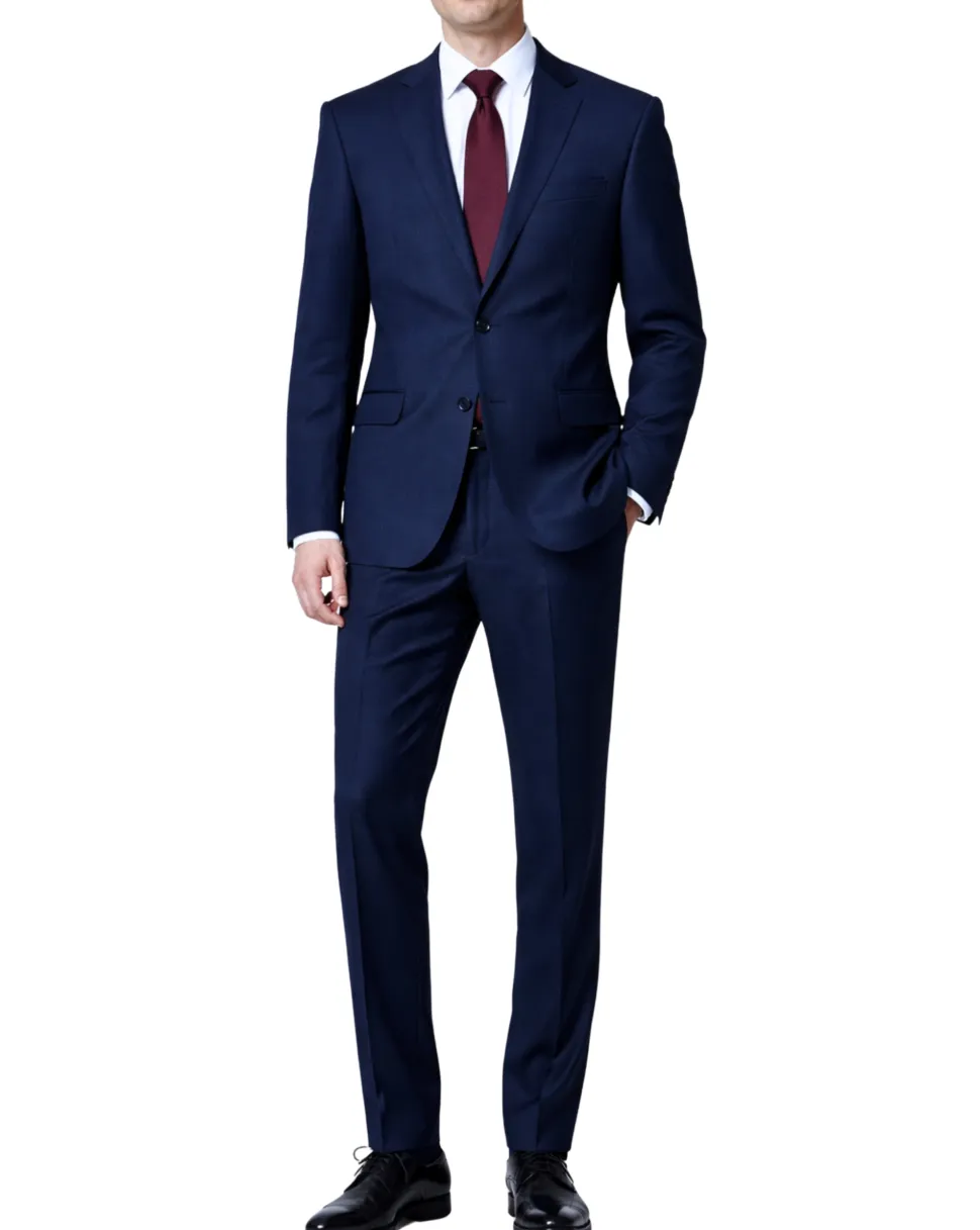Cardeliano Mens Navy Blue Birdseye Half-Canvassed Slim Fit Notch Lapels 2 Button Wool Suit