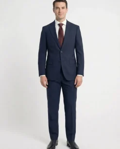 Cardeliano Mens Navy Blue Textured Half-Canvassed Classic Fit Notch Lapels 2 Button Wool Suit