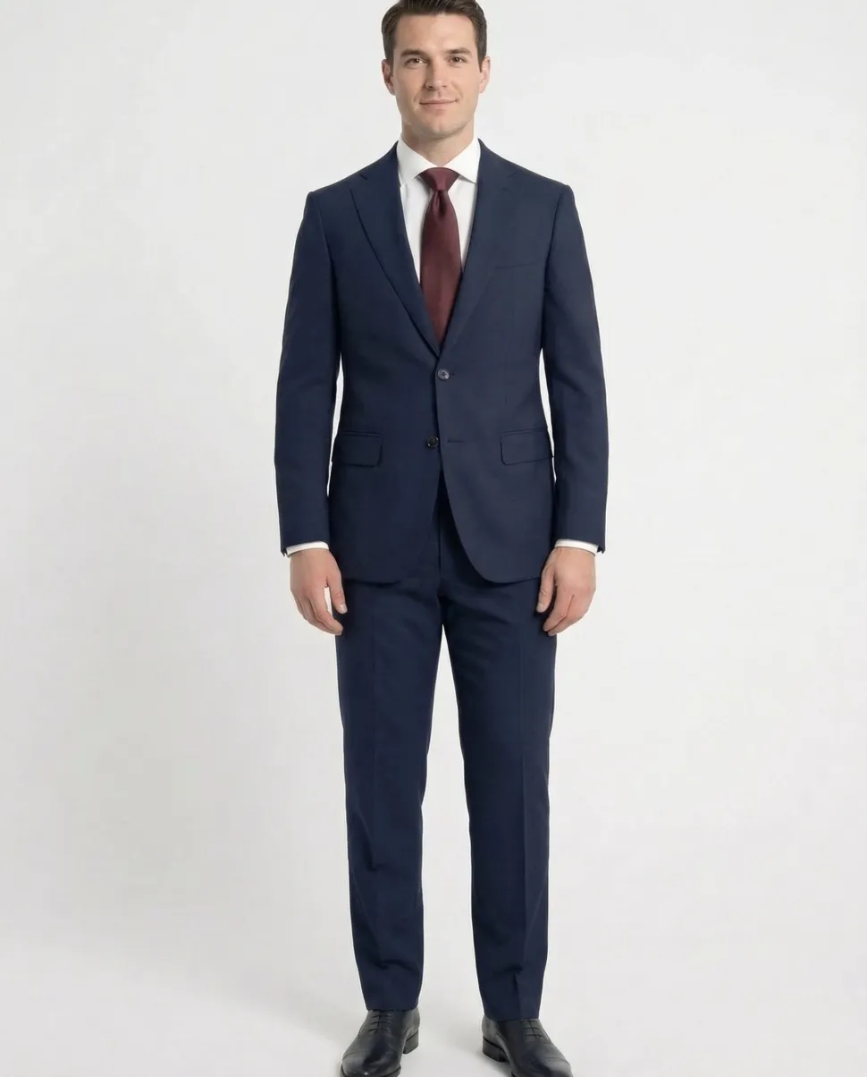 Cardeliano Mens Navy Blue Textured Half-Canvassed Classic Fit Notch Lapels 2 Button Wool Suit
