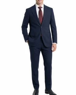 Cardeliano Mens Navy Blue Textured Half-Canvassed Slim Fit Notch Lapels 2 Button Wool Suit